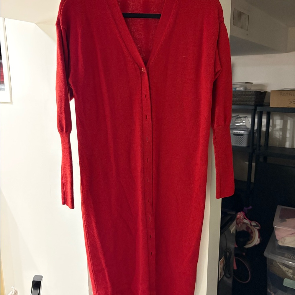 Wilfred Red Cuffed Sleeve V-Neck Midi Sweater Dress